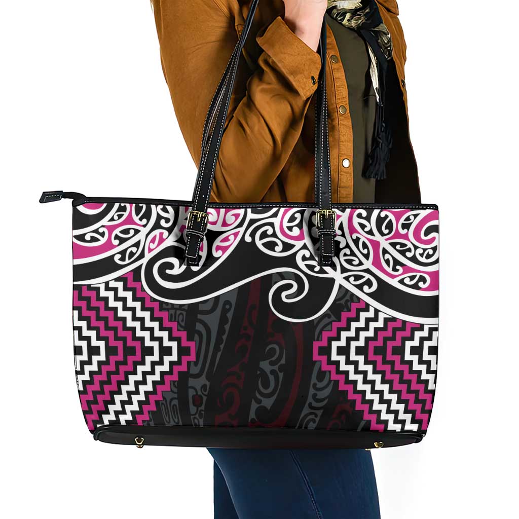 Pink Aotearoa Tukutuku Manawa Tapu Leather Tote Bag Ta Moko Toi Maori LT9 - Polynesian Pride