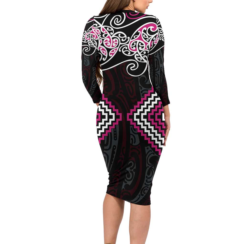 Pink Aotearoa Tukutuku Manawa Tapu Long Sleeve Bodycon Dress Ta Moko Toi Maori LT9 - Polynesian Pride