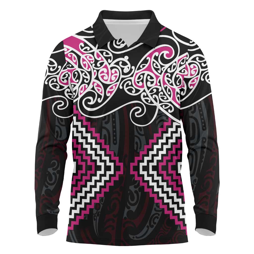 Pink Aotearoa Tukutuku Manawa Tapu Long Sleeve Polo Shirt Ta Moko Toi Maori LT9 Pink - Polynesian Pride