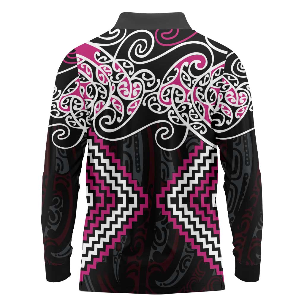 Pink Aotearoa Tukutuku Manawa Tapu Long Sleeve Polo Shirt Ta Moko Toi Maori LT9 - Polynesian Pride
