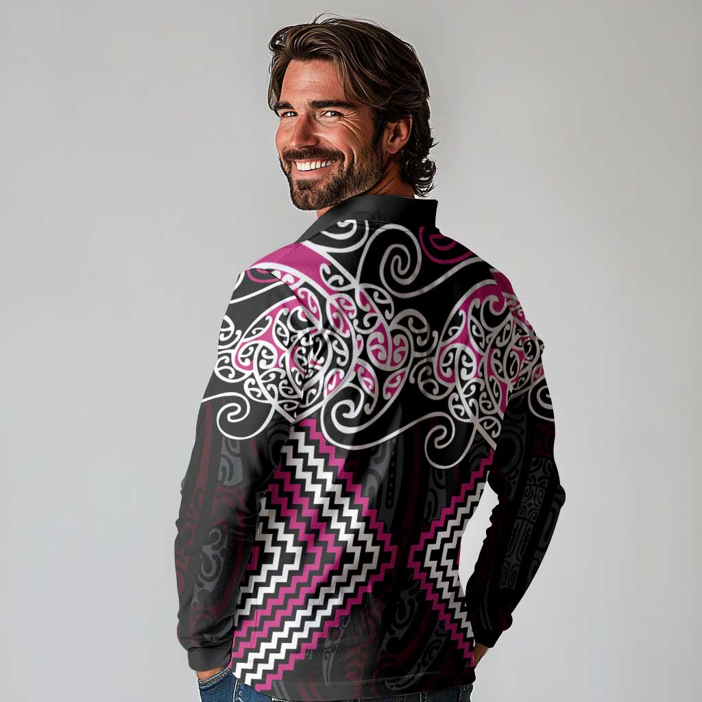 Pink Aotearoa Tukutuku Manawa Tapu Long Sleeve Polo Shirt Ta Moko Toi Maori LT9 - Polynesian Pride