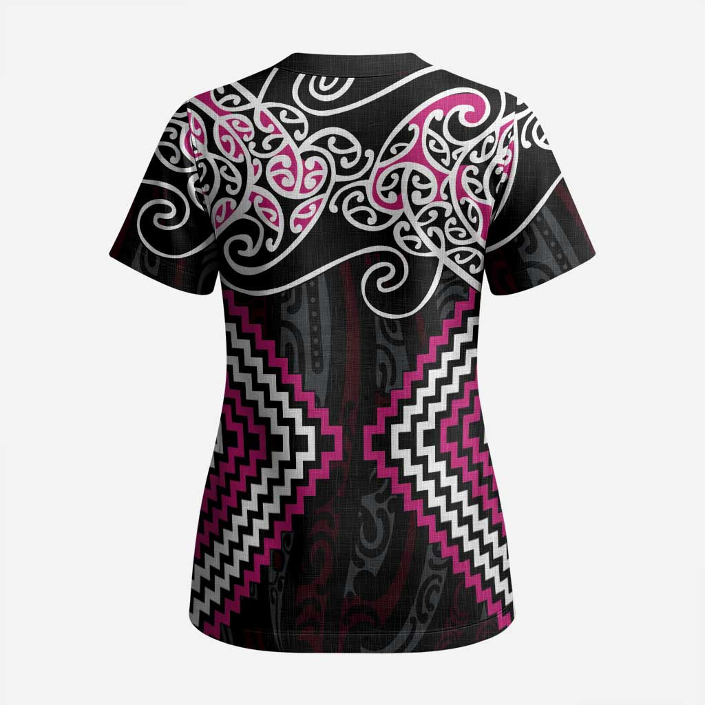 Pink Aotearoa Tukutuku Manawa Tapu Scrub Top Ta Moko Toi Maori LT9 - Polynesian Pride