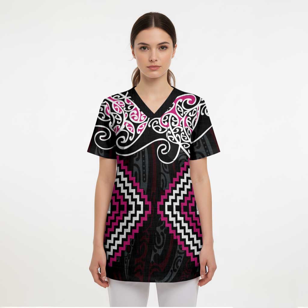Pink Aotearoa Tukutuku Manawa Tapu Scrub Top Ta Moko Toi Maori LT9 - Polynesian Pride
