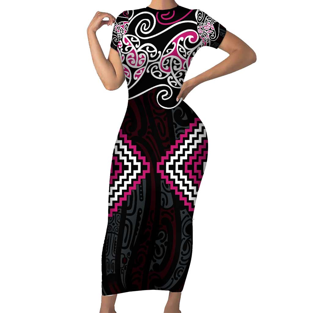 Pink Aotearoa Tukutuku Manawa Tapu Short Sleeve Bodycon Dress Ta Moko Toi Maori LT9 Long Dress Pink - Polynesian Pride