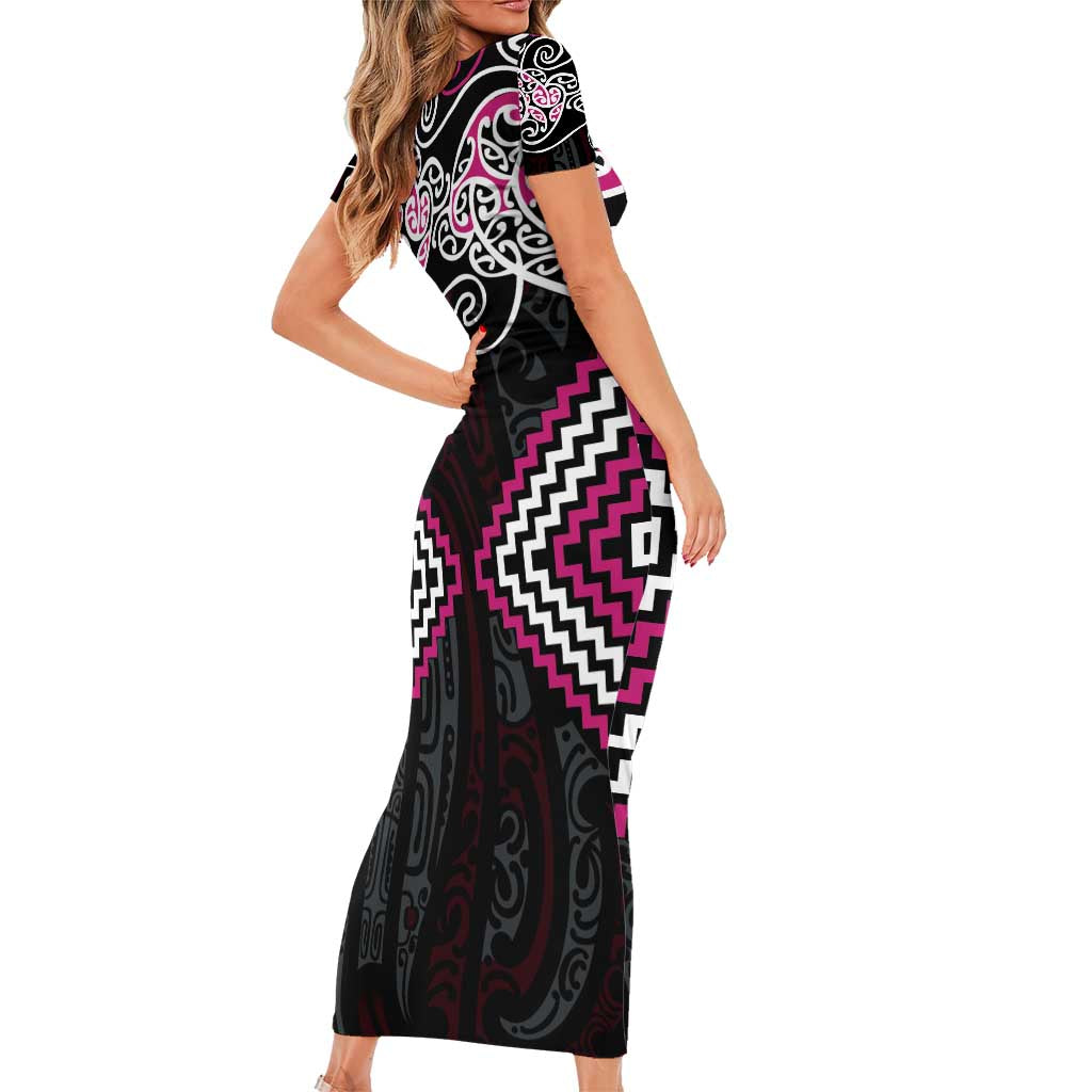 Pink Aotearoa Tukutuku Manawa Tapu Short Sleeve Bodycon Dress Ta Moko Toi Maori LT9 - Polynesian Pride