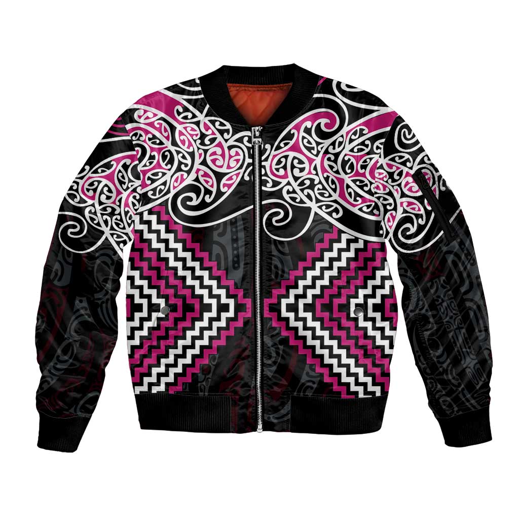 Pink Aotearoa Tukutuku Manawa Tapu Sleeve Zip Bomber Jacket Ta Moko Toi Maori LT9 Unisex Pink - Polynesian Pride