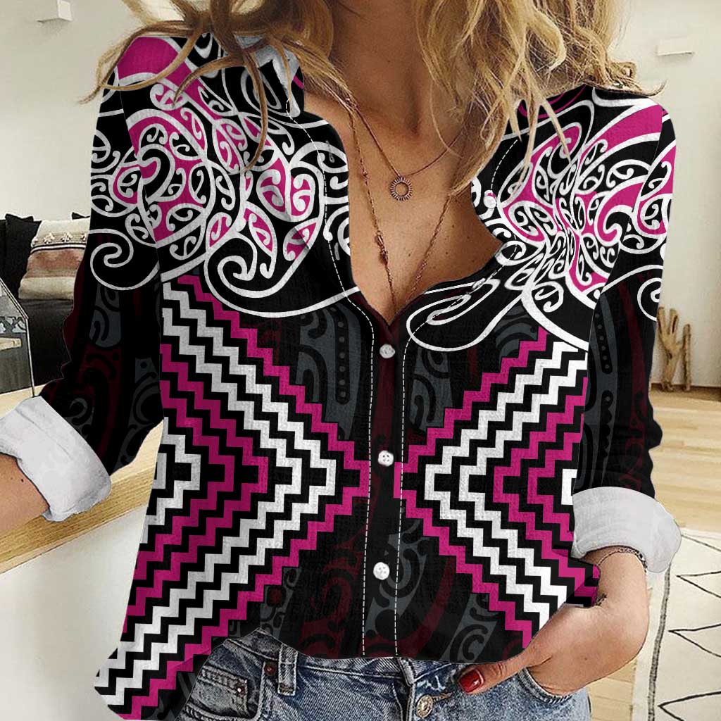 Pink Aotearoa Tukutuku Manawa Tapu Women Casual Shirt Ta Moko Toi Maori LT9 Female Pink - Polynesian Pride