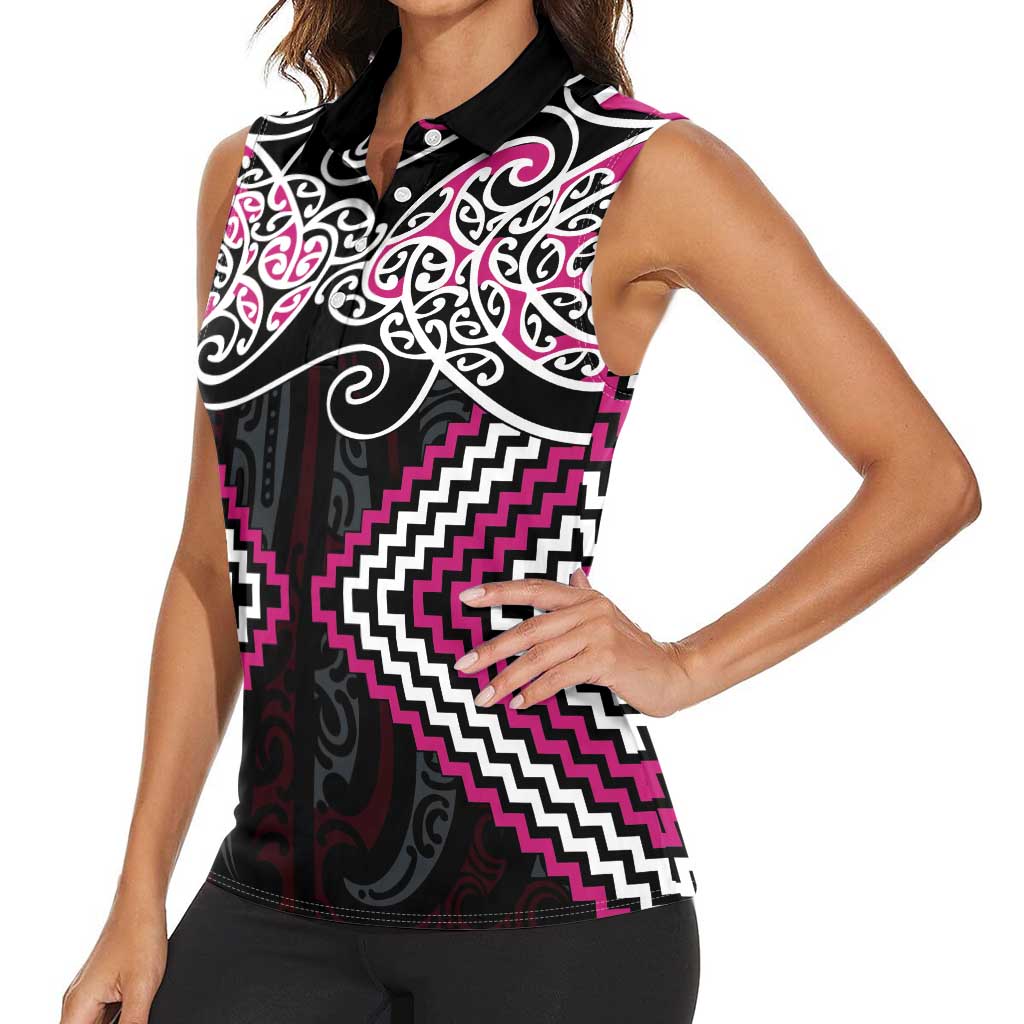 Pink Aotearoa Tukutuku Manawa Tapu Women Sleeveless Polo Shirt Ta Moko Toi Maori LT9 - Polynesian Pride
