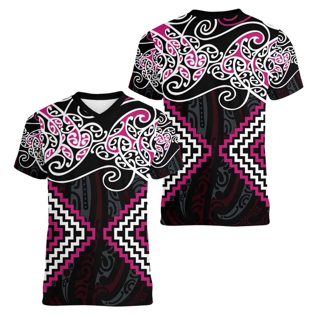 Pink Aotearoa Tukutuku Manawa Tapu Women V-Neck T-Shirt Ta Moko Toi Maori LT9 - Polynesian Pride