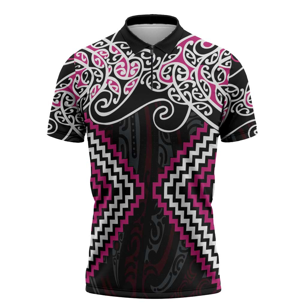 Pink Aotearoa Tukutuku Manawa Tapu Zipper Polo Shirt Ta Moko Toi Maori LT9 Pink - Polynesian Pride