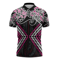 Pink Aotearoa Tukutuku Manawa Tapu Zipper Polo Shirt Ta Moko Toi Maori LT9 Pink - Polynesian Pride