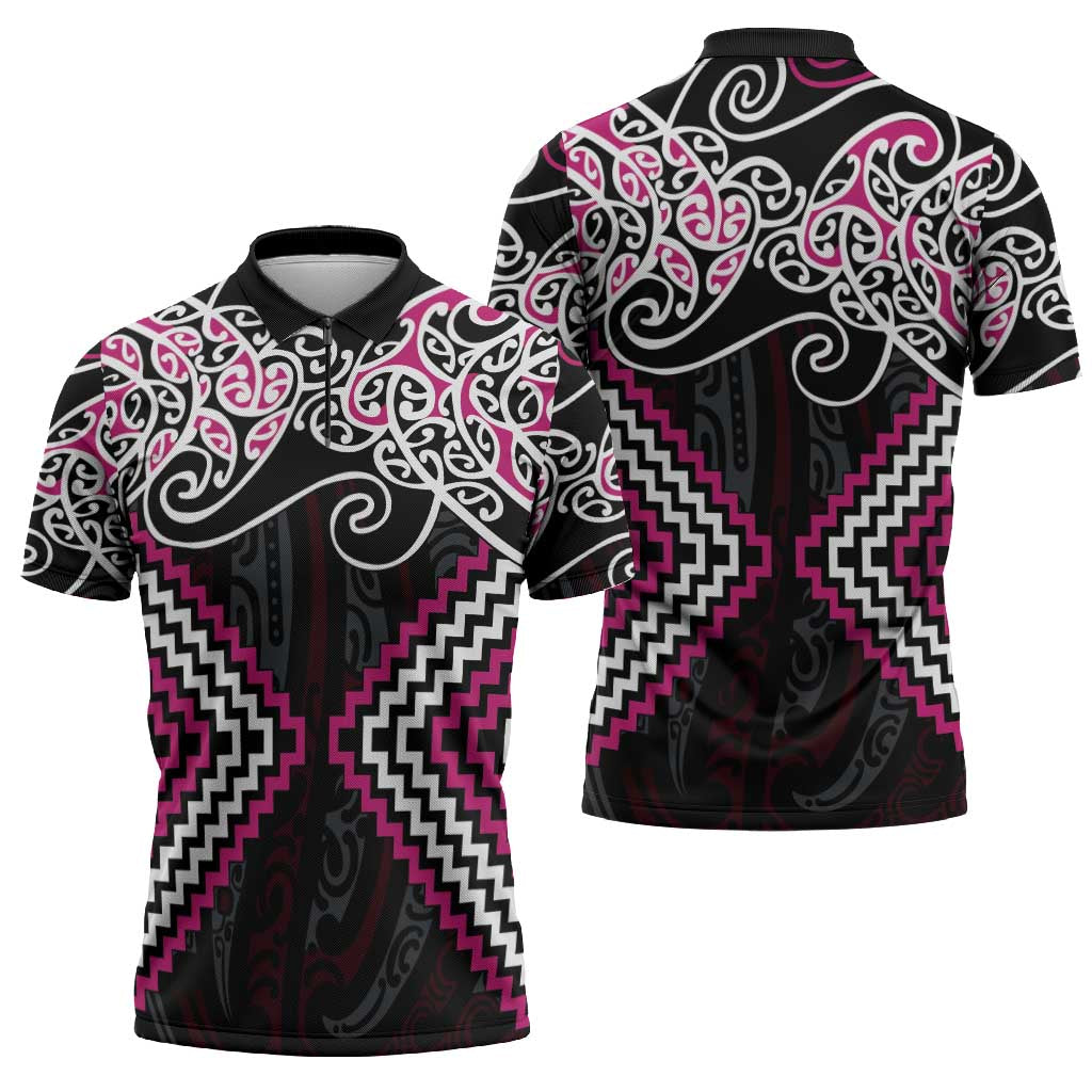 Pink Aotearoa Tukutuku Manawa Tapu Zipper Polo Shirt Ta Moko Toi Maori LT9 - Polynesian Pride
