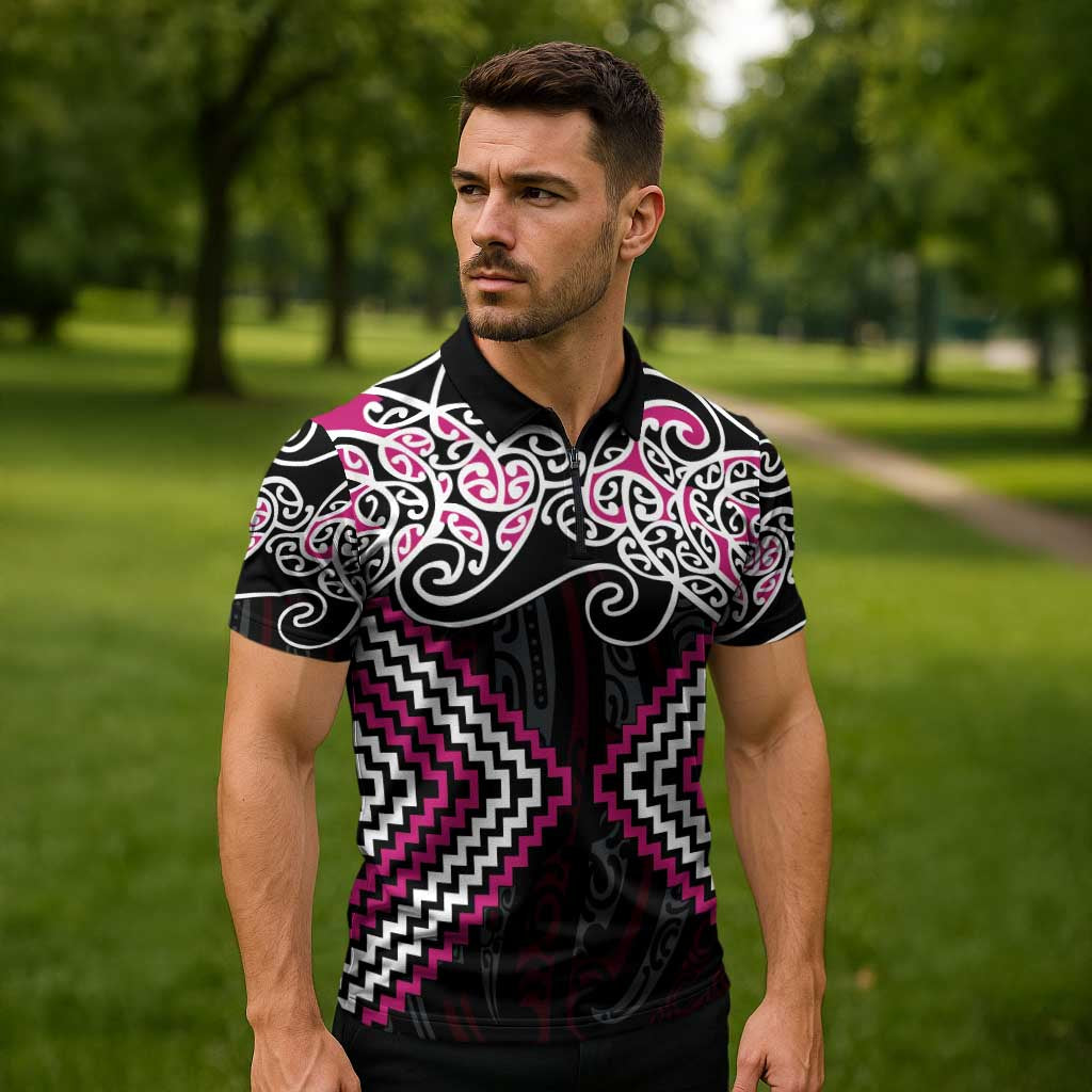 Pink Aotearoa Tukutuku Manawa Tapu Zipper Polo Shirt Ta Moko Toi Maori LT9 - Polynesian Pride