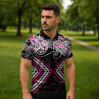 Pink Aotearoa Tukutuku Manawa Tapu Zipper Polo Shirt Ta Moko Toi Maori LT9 - Polynesian Pride