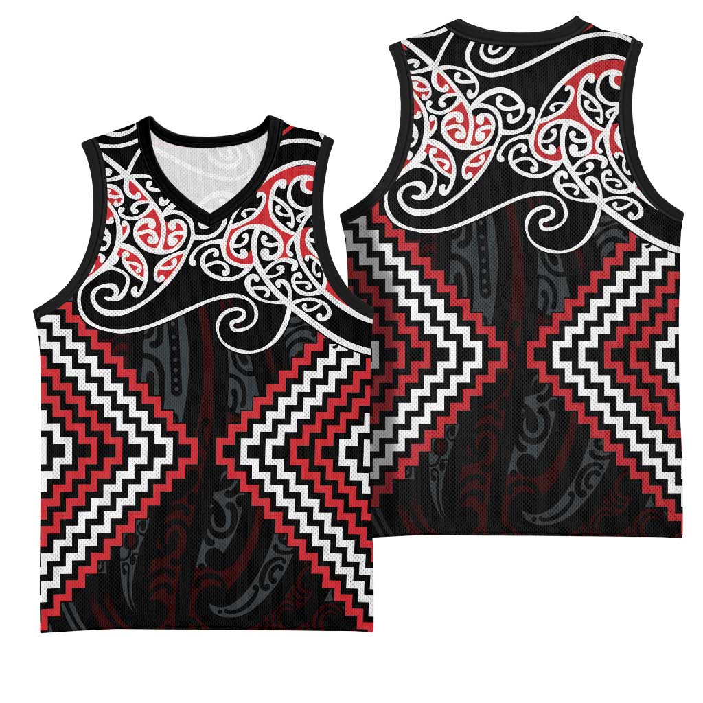 Red Aotearoa Tukutuku Manawa Tapu Basketball Jersey Ta Moko Toi Maori LT9 - Polynesian Pride