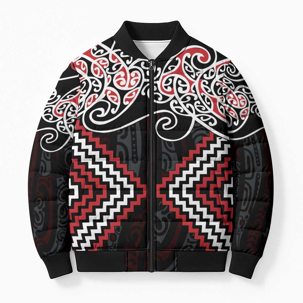 Red Aotearoa Tukutuku Manawa Tapu Bomber Puffer Jacket Ta Moko Toi Maori LT9 Unisex Red - Polynesian Pride