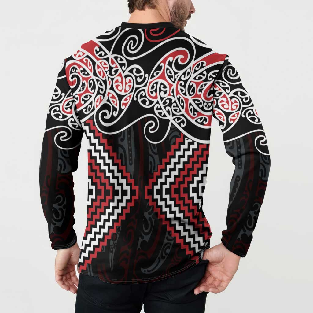 Red Aotearoa Tukutuku Manawa Tapu Button Sweatshirt Ta Moko Toi Maori