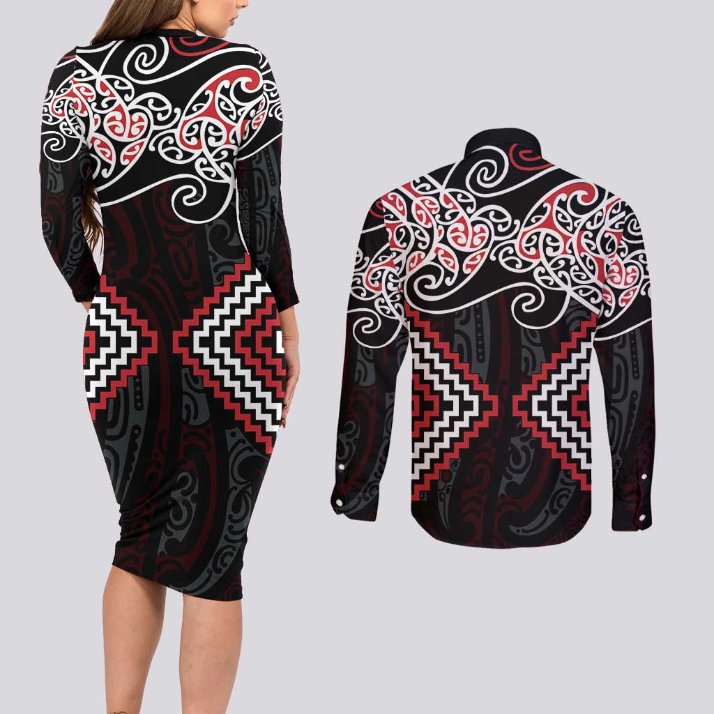 Red Aotearoa Tukutuku Manawa Tapu Couples Matching Long Sleeve Bodycon Dress and Long Sleeve Button Shirt Ta Moko Toi Maori LT9 - Polynesian Pride