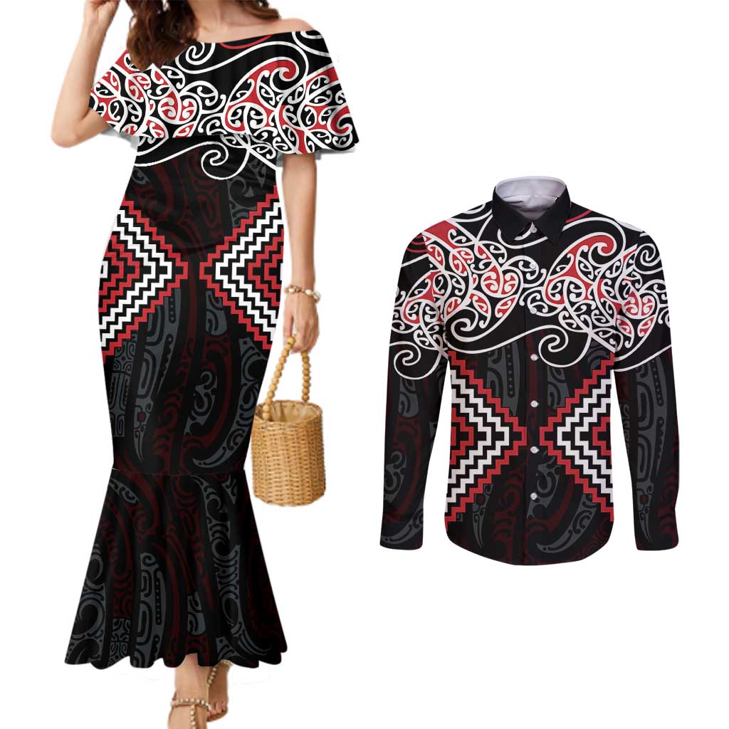 Red Aotearoa Tukutuku Manawa Tapu Couples Matching Mermaid Dress and Long Sleeve Button Shirt Ta Moko Toi Maori LT9 Red - Polynesian Pride