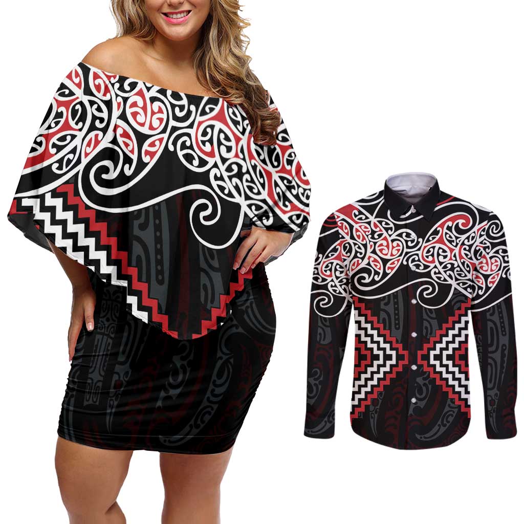 Red Aotearoa Tukutuku Manawa Tapu Couples Matching Off Shoulder Short Dress and Long Sleeve Button Shirt Ta Moko Toi Maori LT9 Red - Polynesian Pride