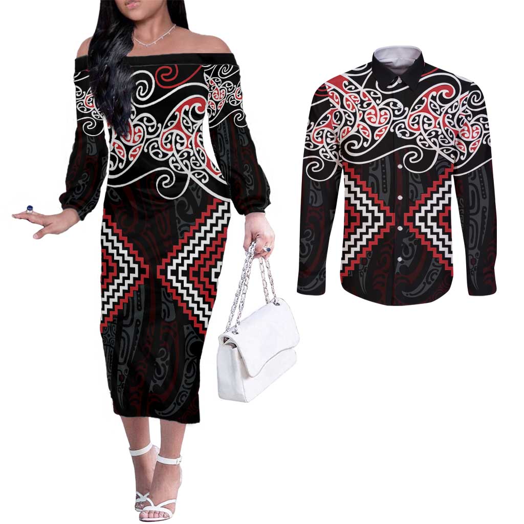 Red Aotearoa Tukutuku Manawa Tapu Couples Matching Off The Shoulder Long Sleeve Dress and Long Sleeve Button Shirt Ta Moko Toi Maori LT9 Red - Polynesian Pride