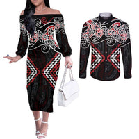 Red Aotearoa Tukutuku Manawa Tapu Couples Matching Off The Shoulder Long Sleeve Dress and Long Sleeve Button Shirt Ta Moko Toi Maori LT9 Red - Polynesian Pride