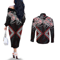 Red Aotearoa Tukutuku Manawa Tapu Couples Matching Off The Shoulder Long Sleeve Dress and Long Sleeve Button Shirt Ta Moko Toi Maori LT9 - Polynesian Pride