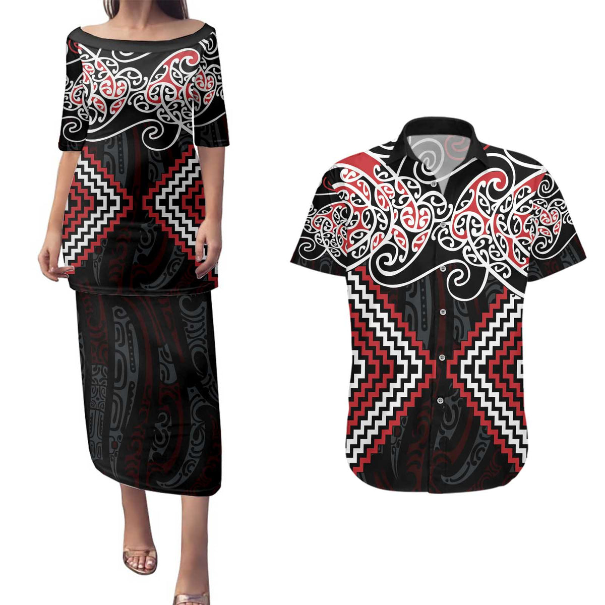 Red Aotearoa Tukutuku Manawa Tapu Couples Matching Puletasi and Hawaiian Shirt Ta Moko Toi Maori LT9 Red - Polynesian Pride