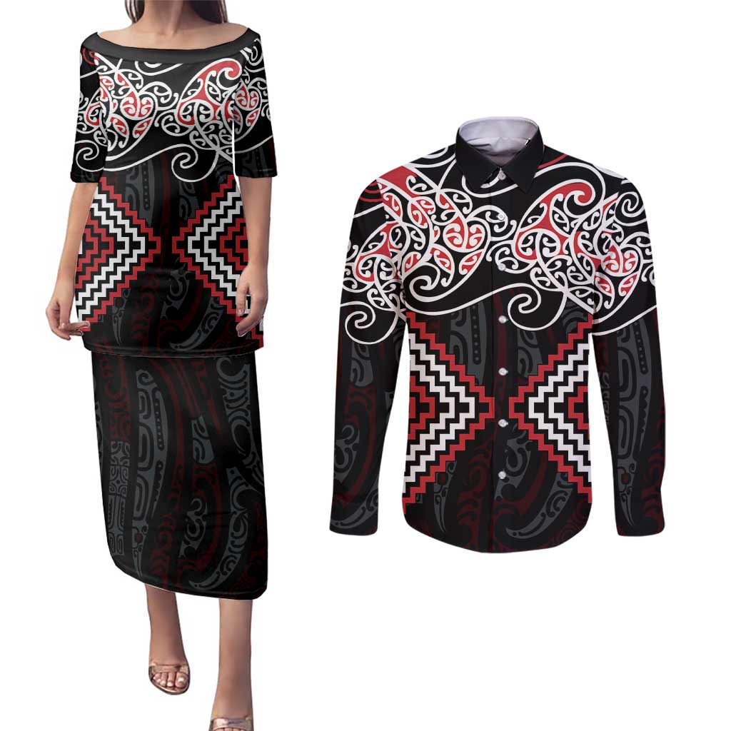 Red Aotearoa Tukutuku Manawa Tapu Couples Matching Puletasi and Long Sleeve Button Shirt Ta Moko Toi Maori LT9 Red - Polynesian Pride