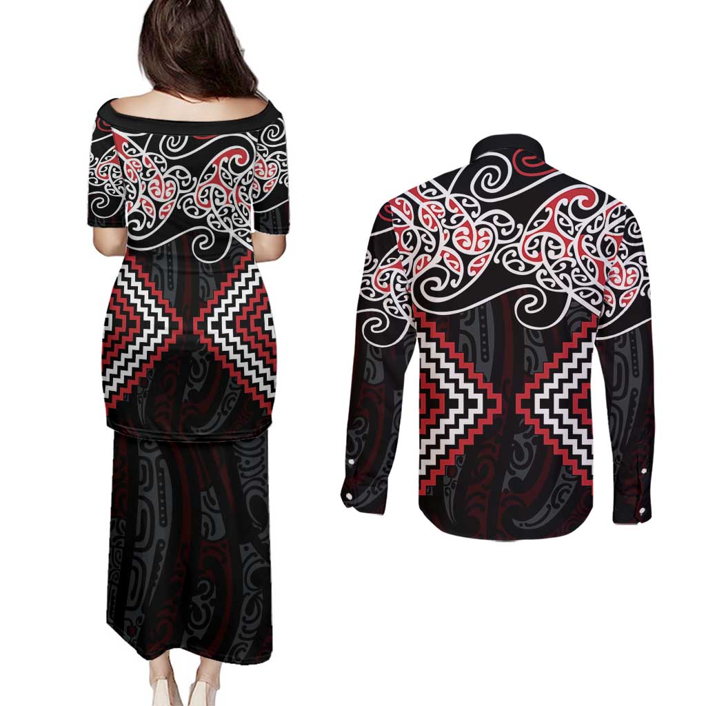 Red Aotearoa Tukutuku Manawa Tapu Couples Matching Puletasi and Long Sleeve Button Shirt Ta Moko Toi Maori LT9 - Polynesian Pride