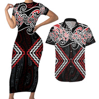 Red Aotearoa Tukutuku Manawa Tapu Couples Matching Short Sleeve Bodycon Dress and Hawaiian Shirt Ta Moko Toi Maori LT9 Red - Polynesian Pride
