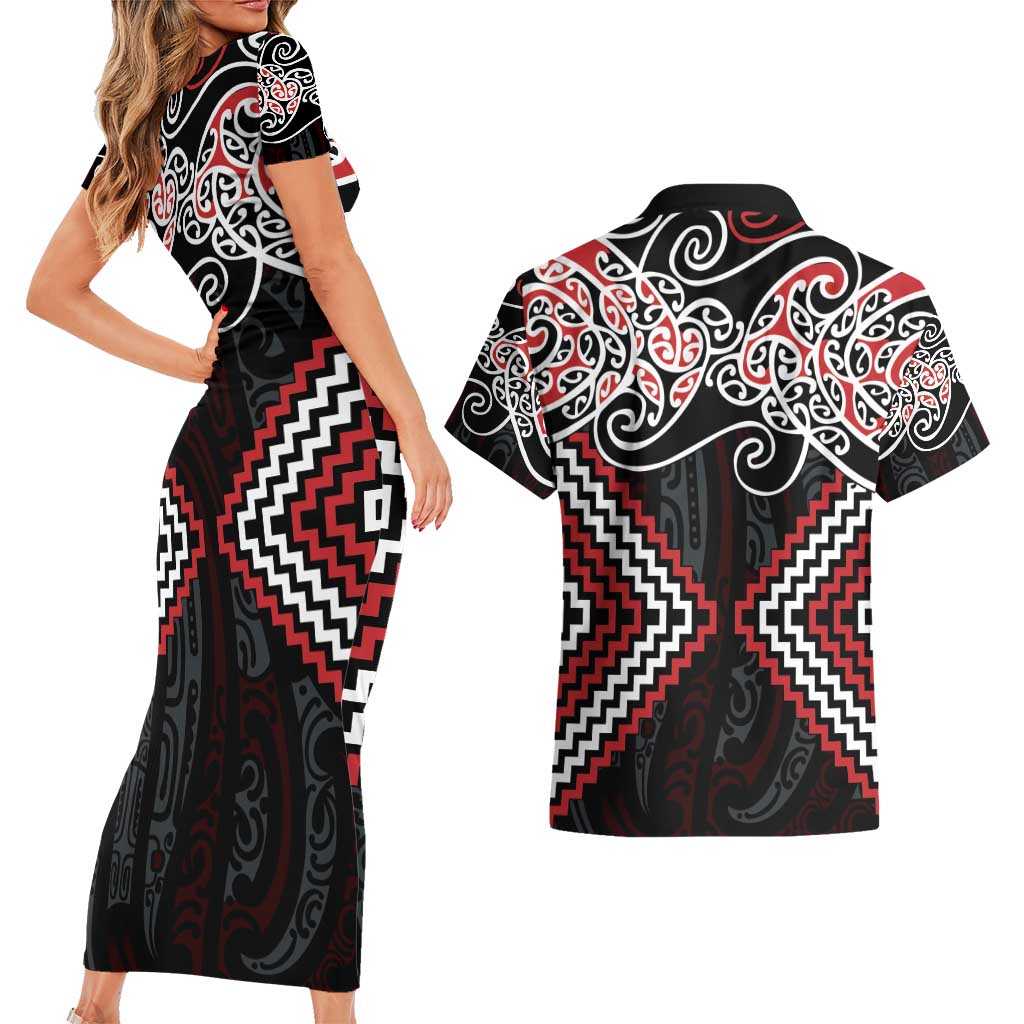 Red Aotearoa Tukutuku Manawa Tapu Couples Matching Short Sleeve Bodycon Dress and Hawaiian Shirt Ta Moko Toi Maori LT9 - Polynesian Pride