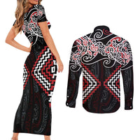 Red Aotearoa Tukutuku Manawa Tapu Couples Matching Short Sleeve Bodycon Dress and Long Sleeve Button Shirt Ta Moko Toi Maori LT9 - Polynesian Pride