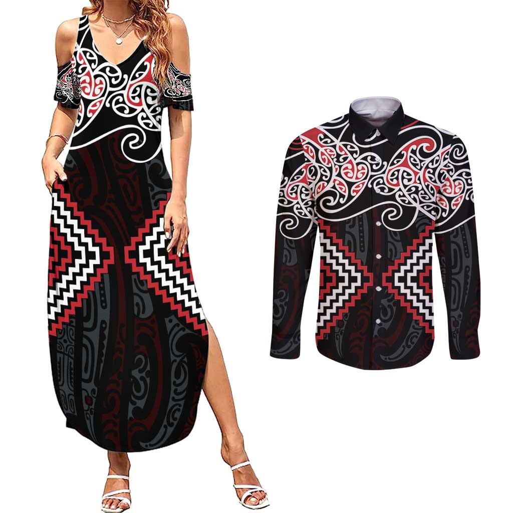 Red Aotearoa Tukutuku Manawa Tapu Couples Matching Summer Maxi Dress and Long Sleeve Button Shirt Ta Moko Toi Maori LT9 Red - Polynesian Pride
