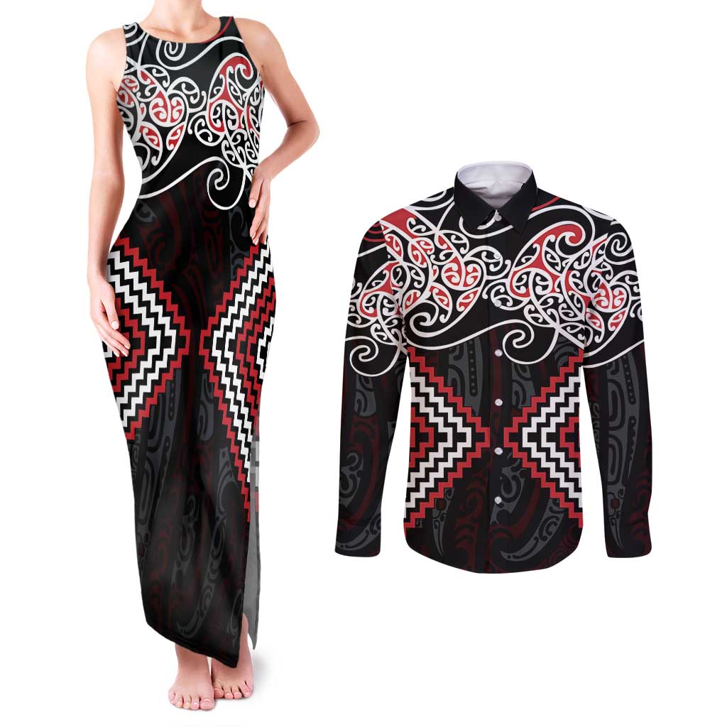 Red Aotearoa Tukutuku Manawa Tapu Couples Matching Tank Maxi Dress and Long Sleeve Button Shirt Ta Moko Toi Maori LT9 Red - Polynesian Pride