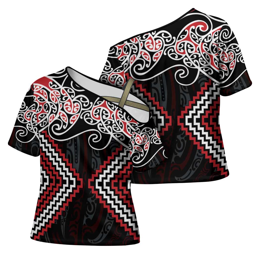 Red Aotearoa Tukutuku Manawa Tapu Cross Shoulder Shirt Ta Moko Toi Maori LT9 - Polynesian Pride
