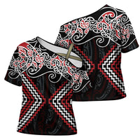 Red Aotearoa Tukutuku Manawa Tapu Cross Shoulder Shirt Ta Moko Toi Maori LT9 - Polynesian Pride