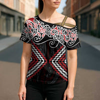 Red Aotearoa Tukutuku Manawa Tapu Cross Shoulder Shirt Ta Moko Toi Maori LT9 - Polynesian Pride