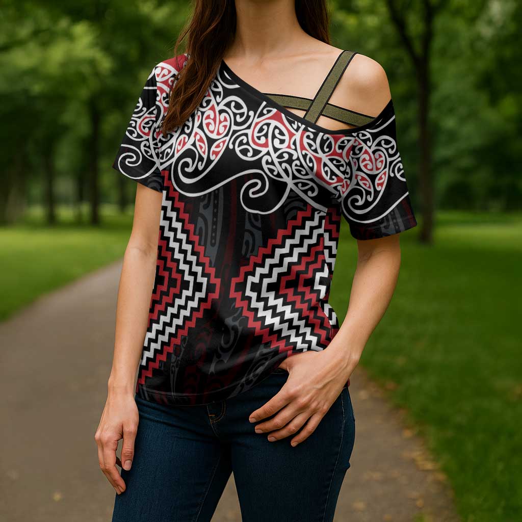 Red Aotearoa Tukutuku Manawa Tapu Cross Shoulder Shirt Ta Moko Toi Maori LT9 - Polynesian Pride