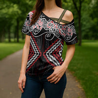 Red Aotearoa Tukutuku Manawa Tapu Cross Shoulder Shirt Ta Moko Toi Maori LT9 - Polynesian Pride