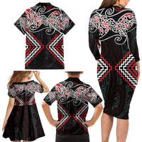 Red Aotearoa Tukutuku Manawa Tapu Family Matching Long Sleeve Bodycon Dress and Hawaiian Shirt Ta Moko Toi Maori LT9 - Polynesian Pride