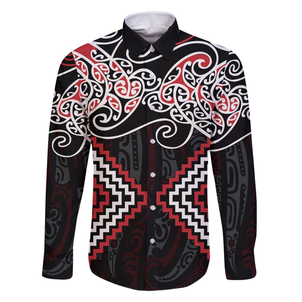 Red Aotearoa Tukutuku Manawa Tapu Family Matching Long Sleeve Bodycon Dress and Hawaiian Shirt Ta Moko Toi Maori LT9 Dad's Shirt - Long Sleeve Red - Polynesian Pride