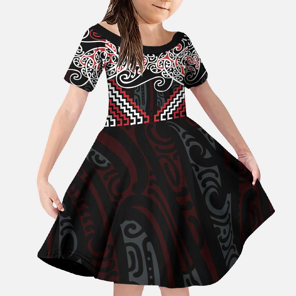 Red Aotearoa Tukutuku Manawa Tapu Family Matching Mermaid Dress and Hawaiian Shirt Ta Moko Toi Maori LT9 Daughter's Dress Red - Polynesian Pride