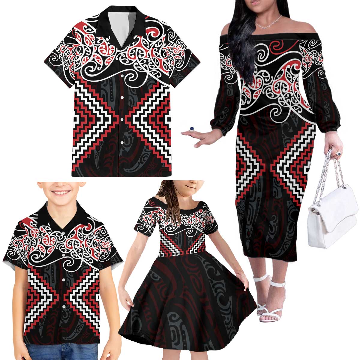 Red Aotearoa Tukutuku Manawa Tapu Family Matching Off The Shoulder Long Sleeve Dress and Hawaiian Shirt Ta Moko Toi Maori LT9 - Polynesian Pride