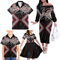 Red Aotearoa Tukutuku Manawa Tapu Family Matching Off The Shoulder Long Sleeve Dress and Hawaiian Shirt Ta Moko Toi Maori LT9 - Polynesian Pride