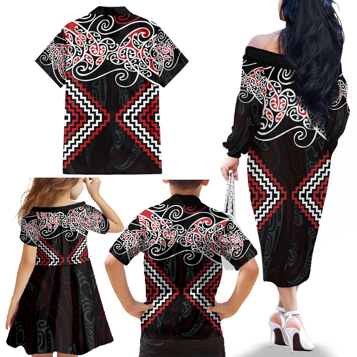 Red Aotearoa Tukutuku Manawa Tapu Family Matching Off The Shoulder Long Sleeve Dress and Hawaiian Shirt Ta Moko Toi Maori LT9 - Polynesian Pride