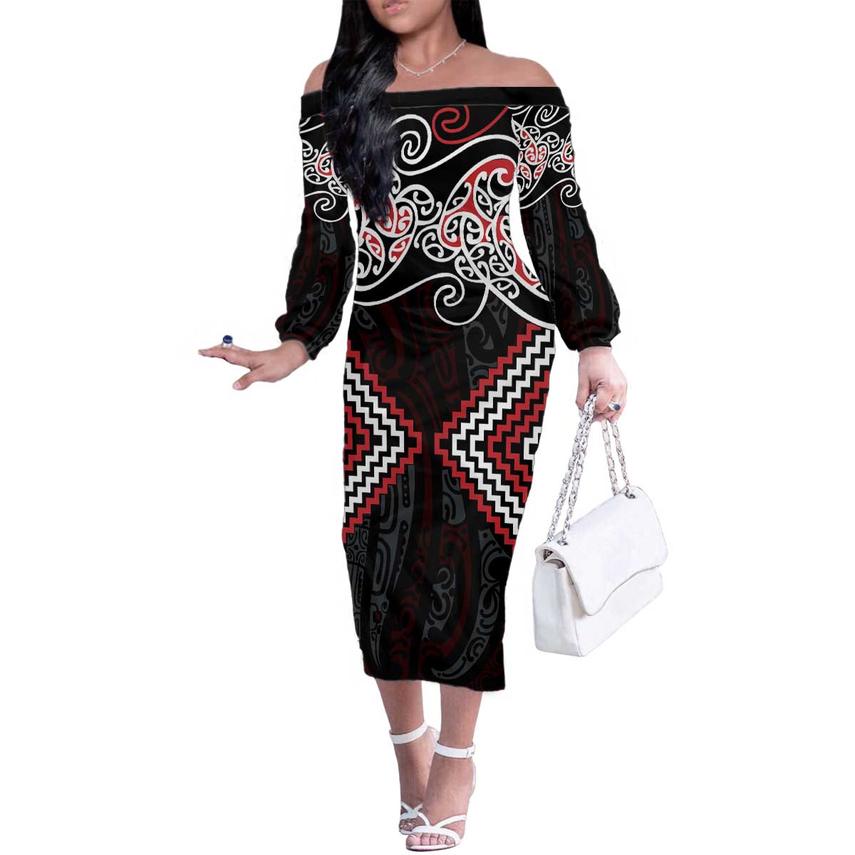 Red Aotearoa Tukutuku Manawa Tapu Family Matching Off The Shoulder Long Sleeve Dress and Hawaiian Shirt Ta Moko Toi Maori LT9 Mom's Dress Red - Polynesian Pride