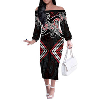 Red Aotearoa Tukutuku Manawa Tapu Family Matching Off The Shoulder Long Sleeve Dress and Hawaiian Shirt Ta Moko Toi Maori LT9 Mom's Dress Red - Polynesian Pride
