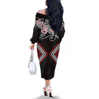 Red Aotearoa Tukutuku Manawa Tapu Family Matching Off The Shoulder Long Sleeve Dress and Hawaiian Shirt Ta Moko Toi Maori LT9 - Polynesian Pride