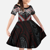 Red Aotearoa Tukutuku Manawa Tapu Family Matching Short Sleeve Bodycon Dress and Hawaiian Shirt Ta Moko Toi Maori LT9 Daughter's Dress Red - Polynesian Pride